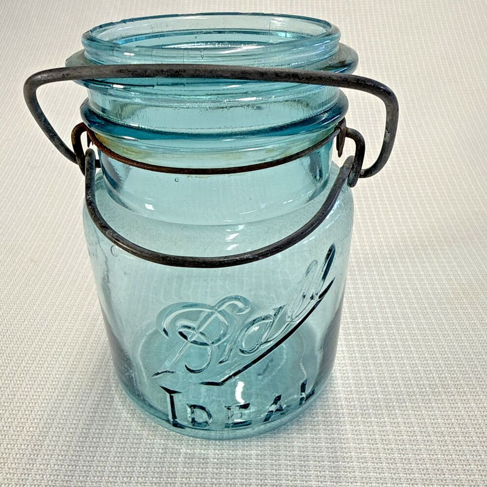 Vintage Ball Ideal Mason Jar Aqua Blue Glass w/ Wire RARE #2 - no lid, not dated